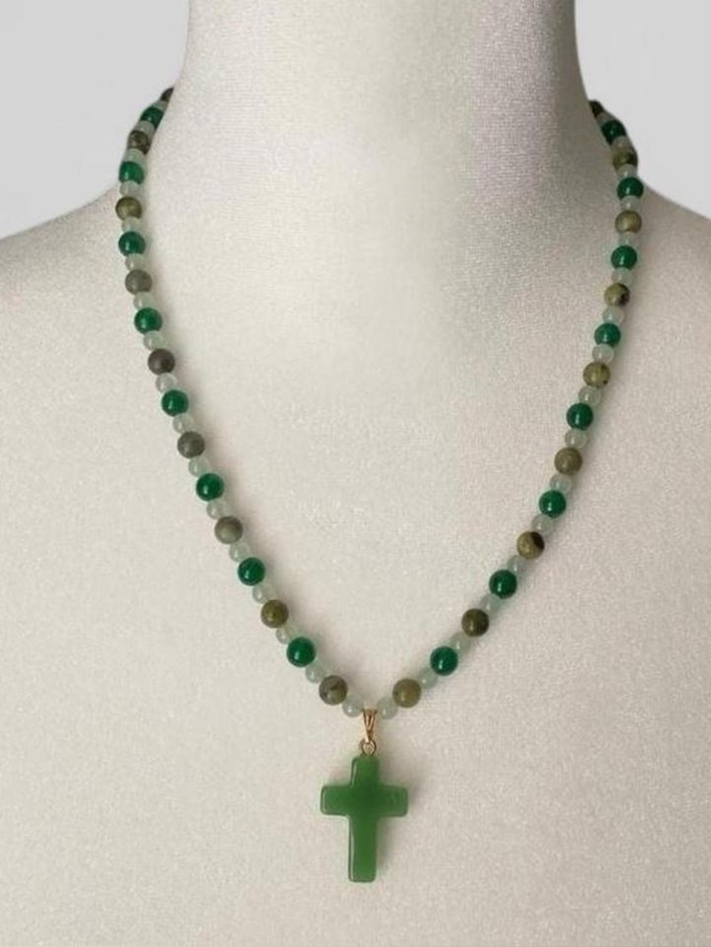 Green Aventurine Beaded Cross Pendant Necklace Gold Tone